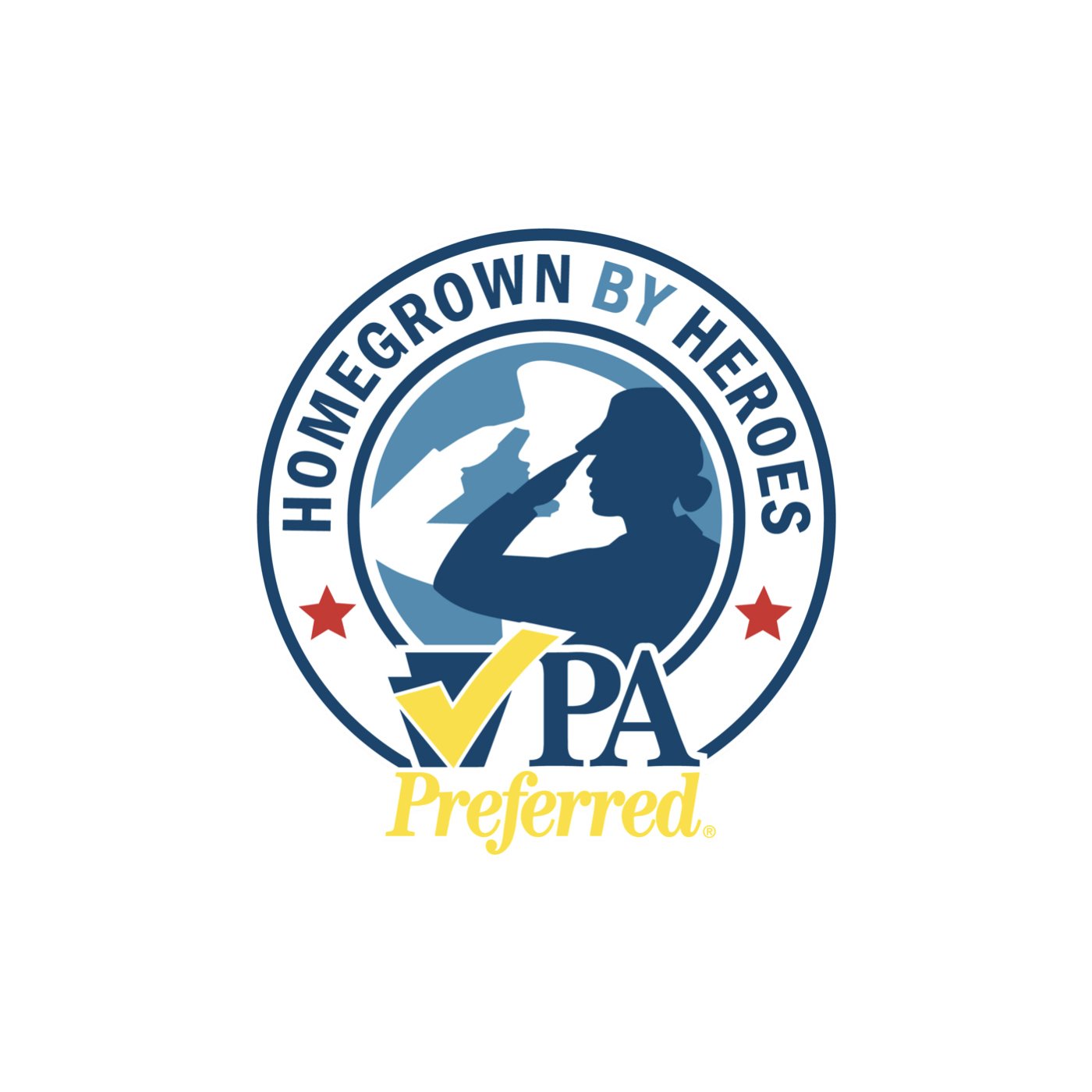 Logo of the "Homegrown by Heroes" initiative, featuring a silhouette of a soldier saluting, with the text "PA Preferred" and a checkmark, symbolizing support for Pennsylvania veterans and local agriculture.