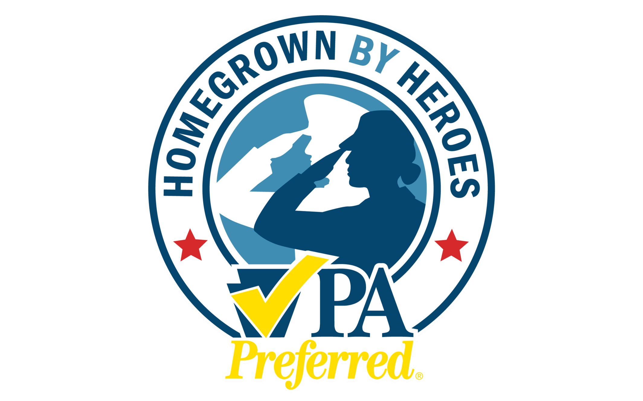 Logo of the "Homegrown by Heroes" program, featuring a silhouette of a soldier saluting, surrounded by a circular design with stars and the text "PA Preferred," emphasizing support for Pennsylvania veterans and local products.